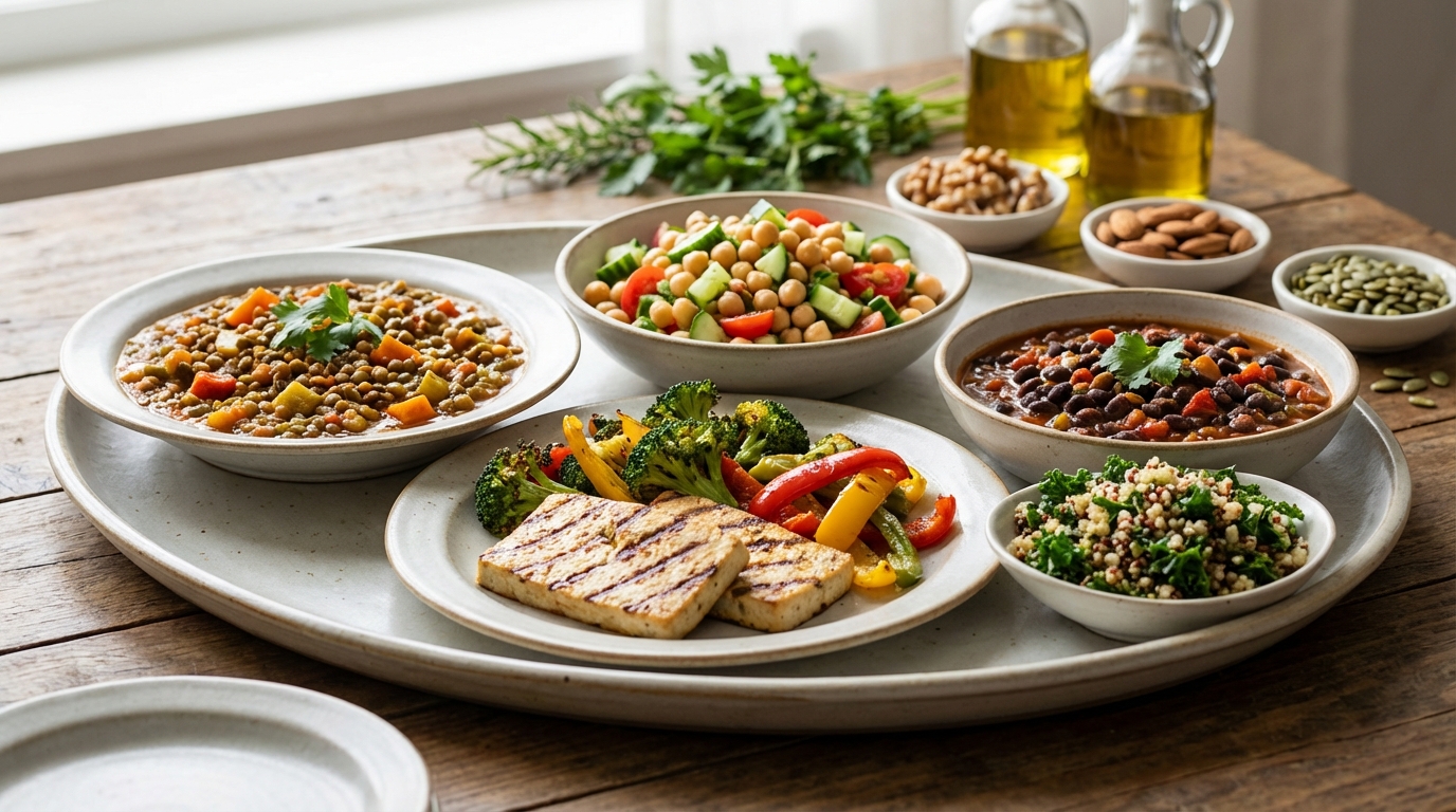 A professional, realistic food photography image showing a variety of balanced plant-based meals rich in protein. The scene includes lentils, chickpeas, tofu, beans, quinoa, vegetables, and nuts arranged neatly on plates and bowls. Natural daylight, soft shadows, clean kitchen or wooden table background, calm and healthy lifestyle aesthetic, no people, no text, no logos, no supplements, high resolution, premium nutrition blog style, realistic photography.