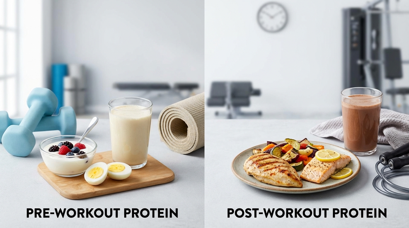 Protein before or after workout for weight loss showing pre- and post-workout protein foods in a clean fitness layout
