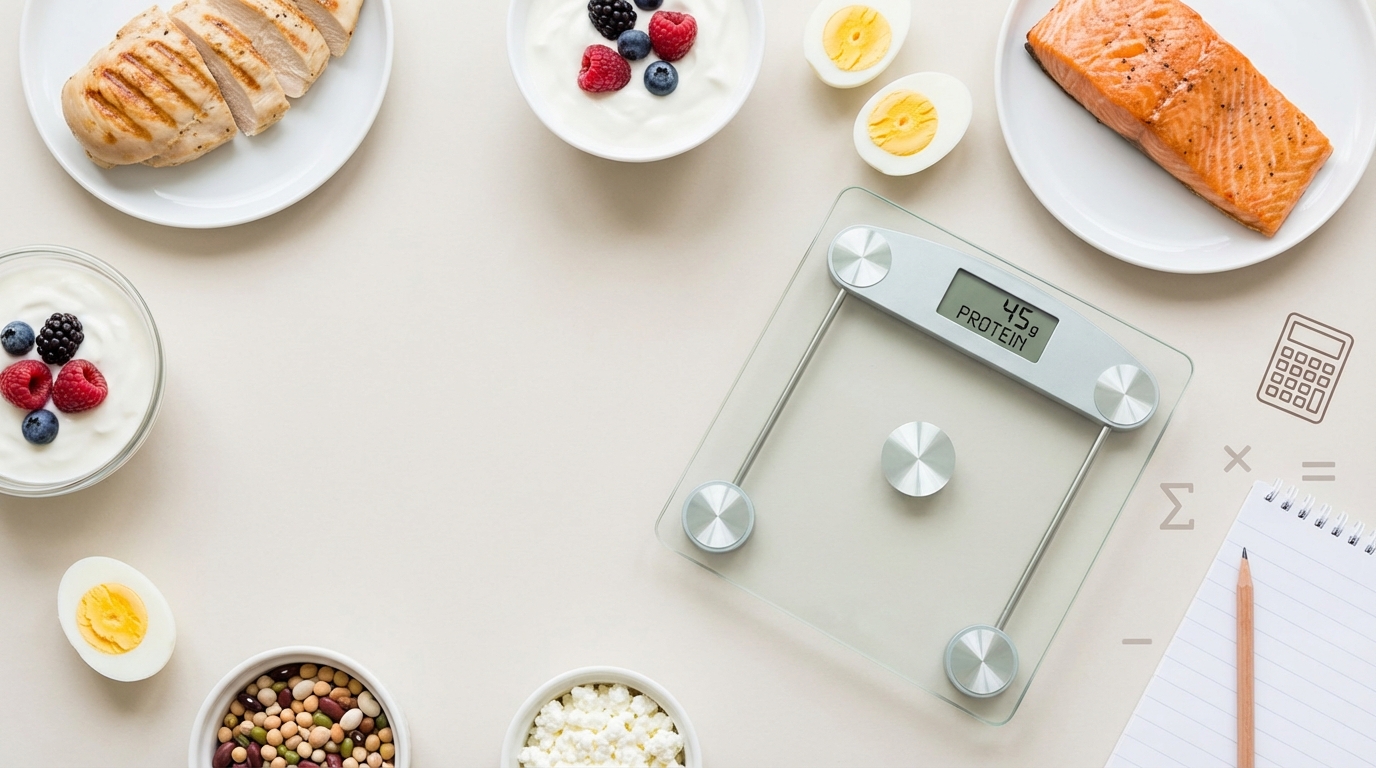 Protein intake calculator formula concept with high-protein foods and clean educational layout