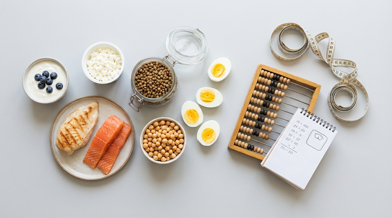 Protein calculator for weight loss showing lean high-protein foods and a clean calculation concept