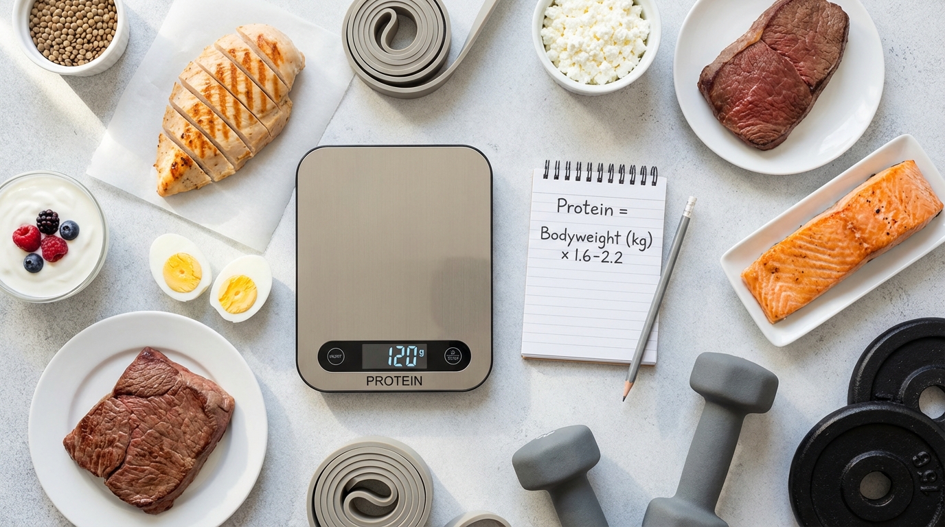 Protein calculator for muscle gain showing high-protein foods and muscle-building calculation concept