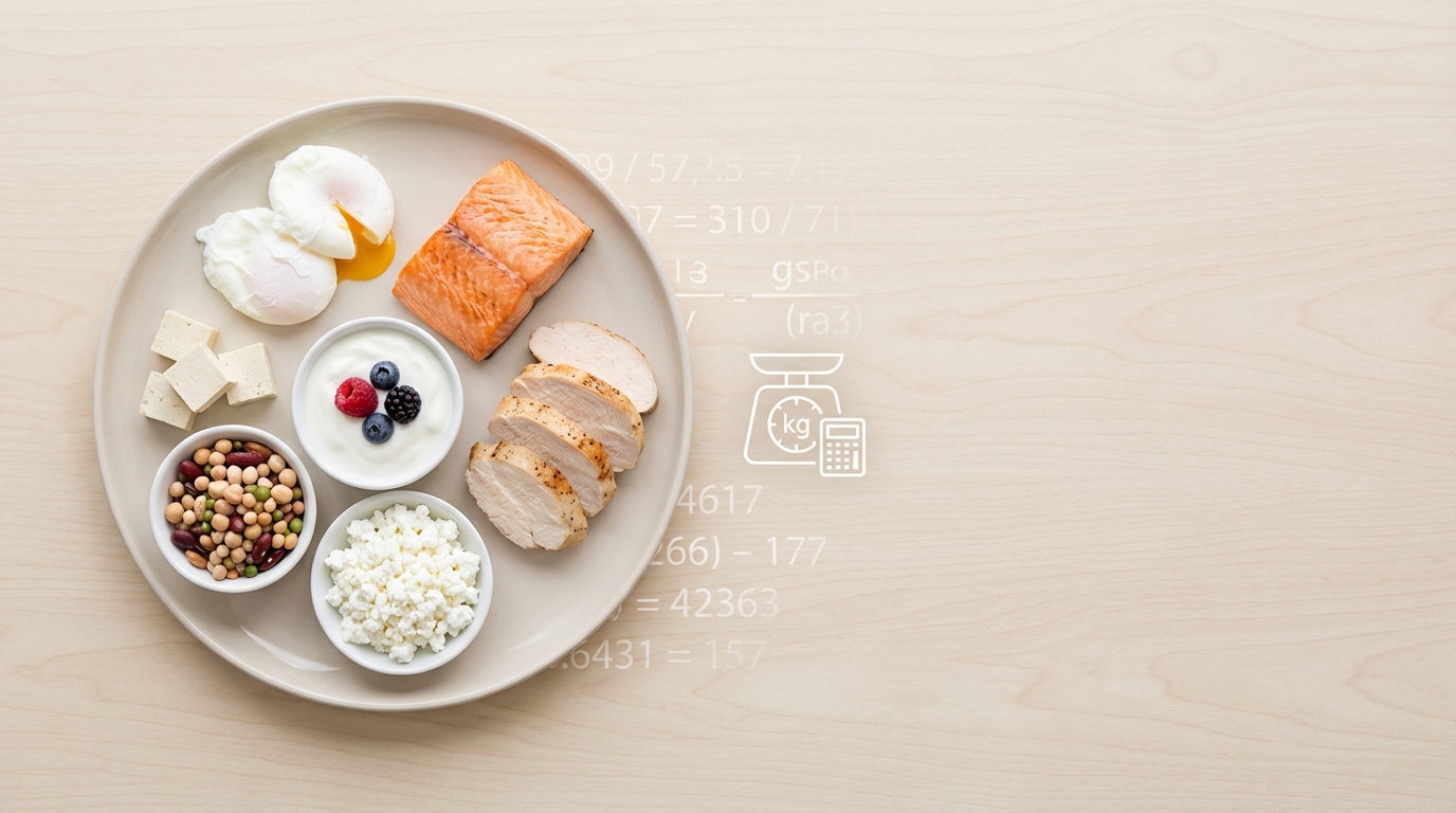 Protein calculator for women showing high-protein foods and a clean calculation concept for daily protein needs