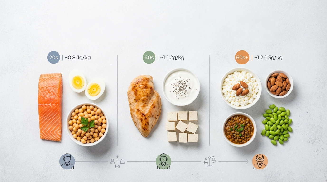 Protein calculator by activity level showing high-protein foods and visual comparison of sedentary, active, and athlete protein needs