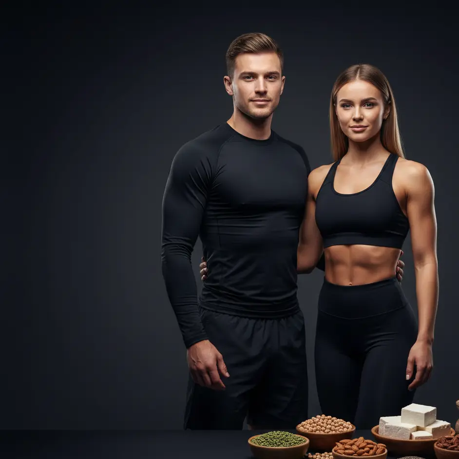 Athletic couple representing vegetarian protein intake and plant based nutrition fitness
