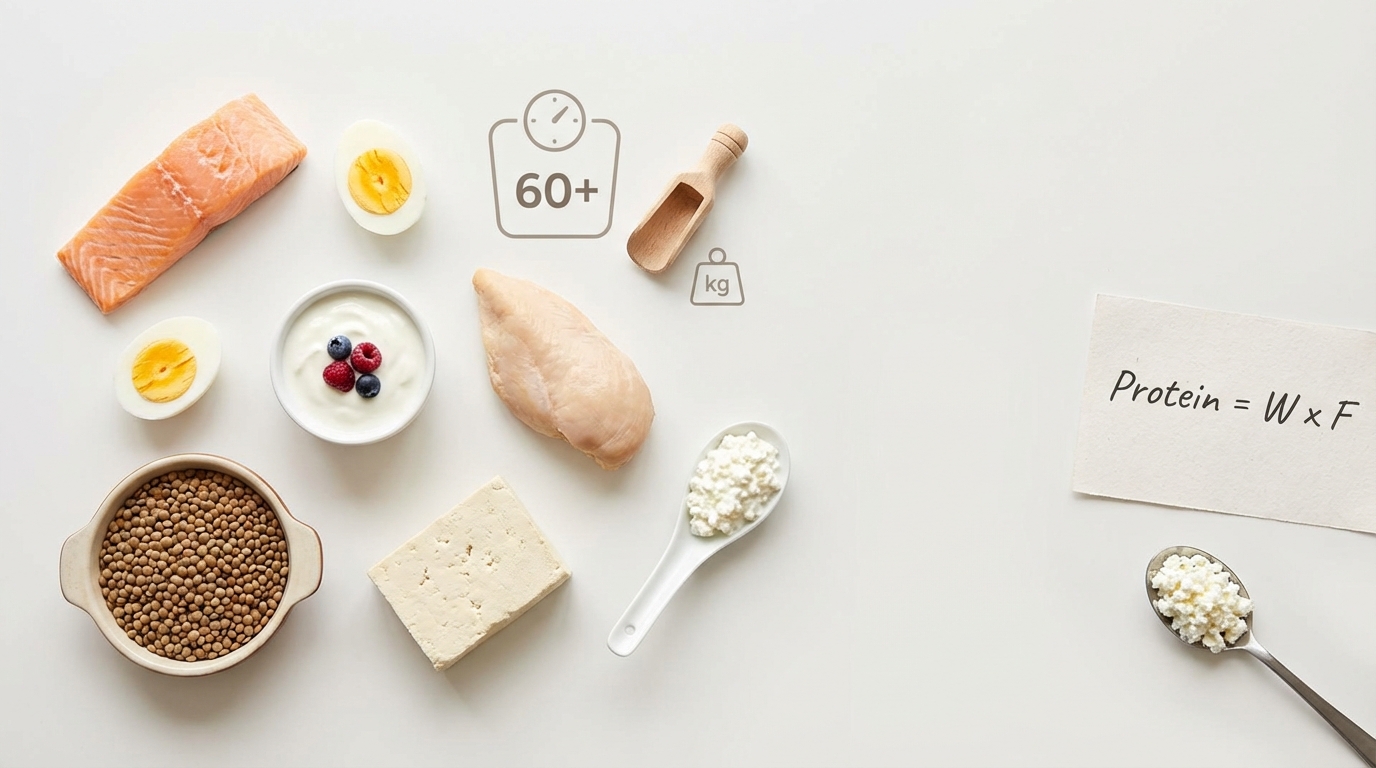 Protein calculator for seniors showing high-protein foods and a gentle age-based calculation concept for daily protein needs after 60